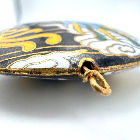Cloisonne Vtg Enamel Dragon Black Bead Clouds Fire 2" Diameter Gold-Tone Trim - Picture 3 of 7